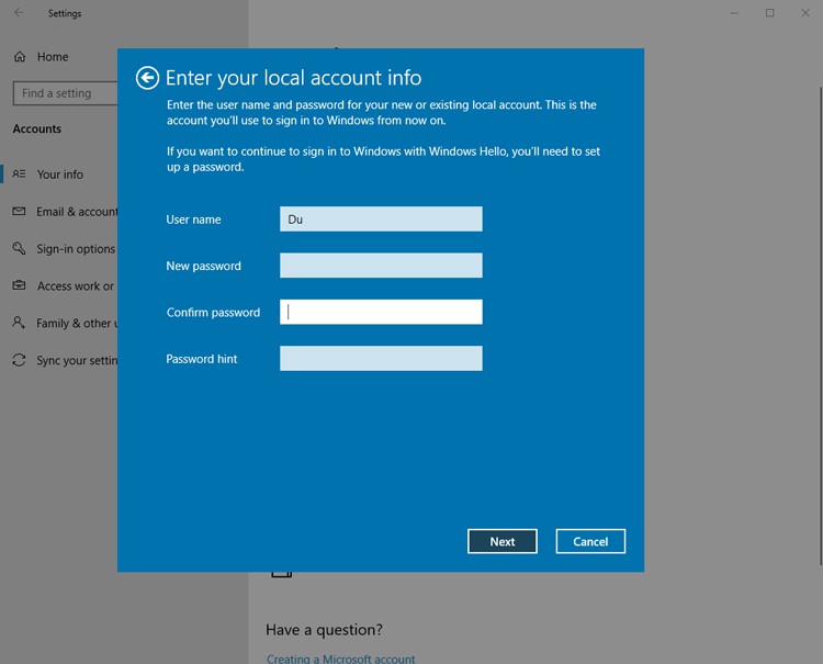 Tạo tài khoản cục bộ để xóa tài khoản Microsoft trong Windows 10 06