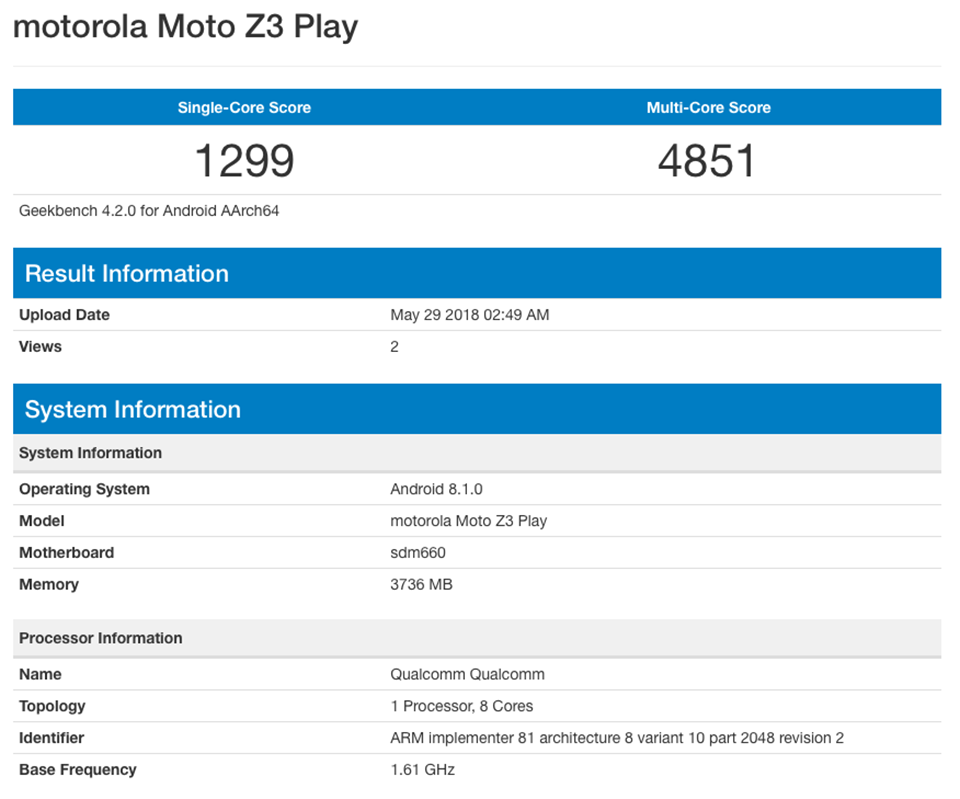 Moto Z3 Play lộ cấu hình trên Geekbench