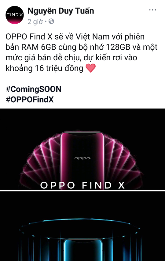 Nguồn tin từ Facebook đề cập giá bán của OPPO Find X tại Việt Nam