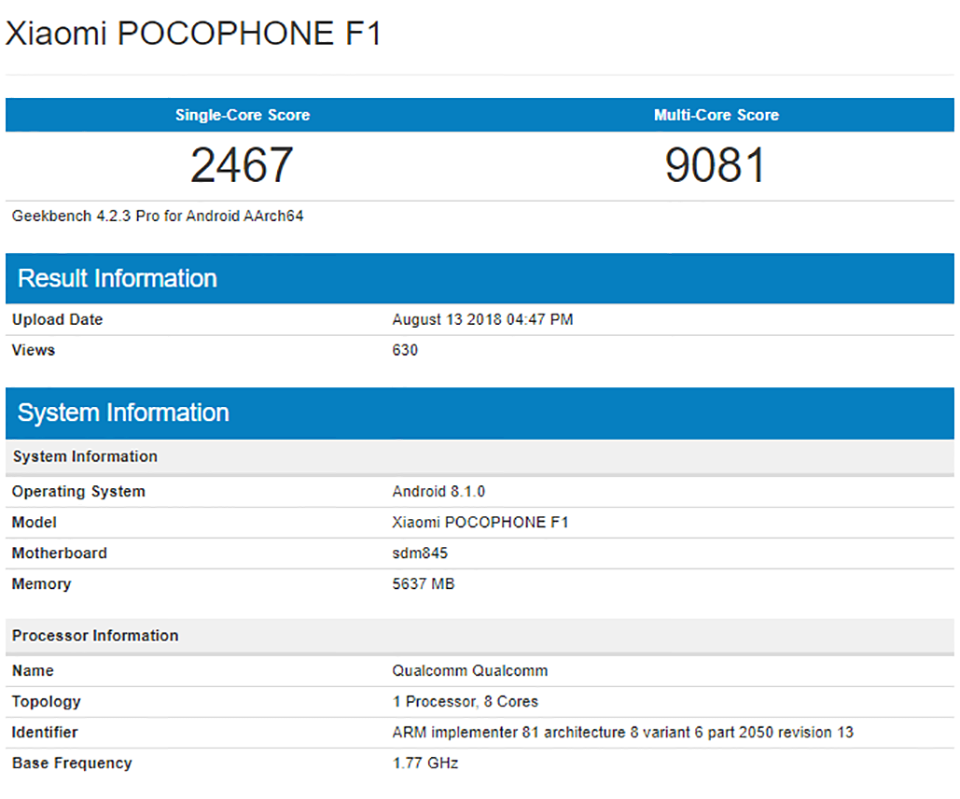 Xiaomi Pocophone F1 lộ điểm hiệu năng ấn tượng trên Geekbench