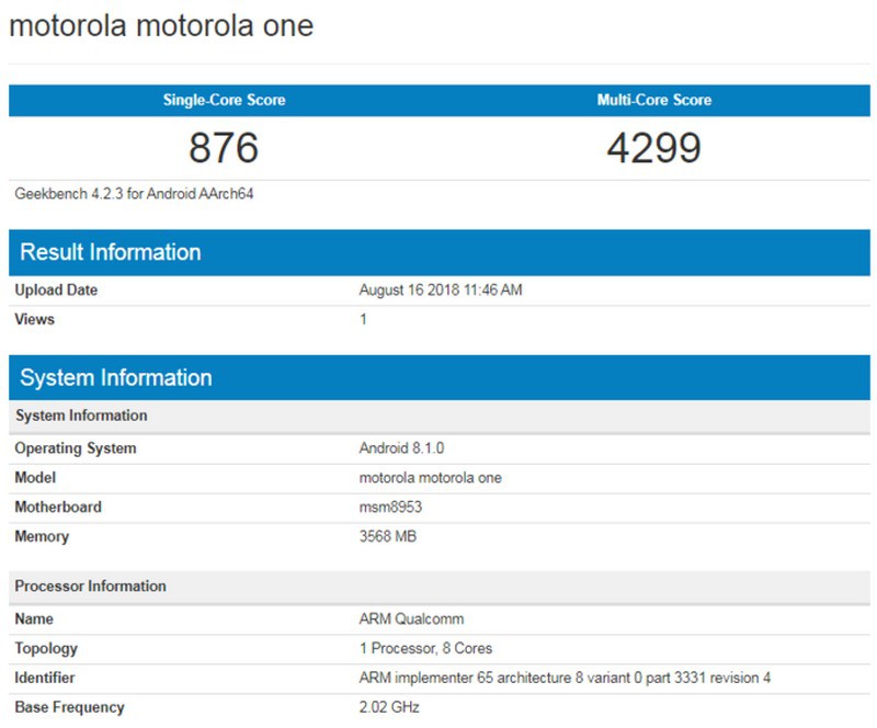 Motorola One chip Snapdragon 625 có mặt trên Geekbench