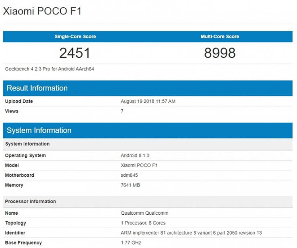Xiaomi Pocophone F1 xuất hiện trên Geekbench