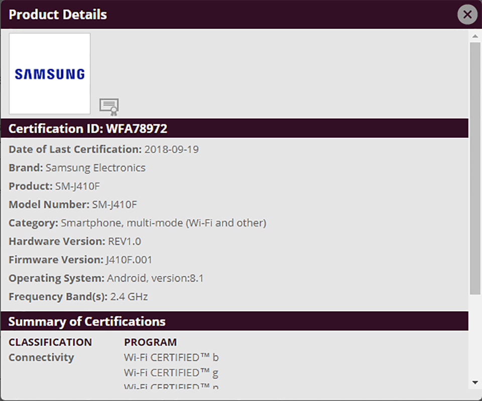 Galaxy J4 Core đạt chứng nhận Wifi