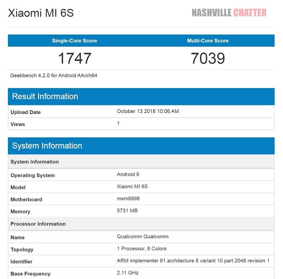 Xiaomi Mi 6S xuất hiện trên Geekbench