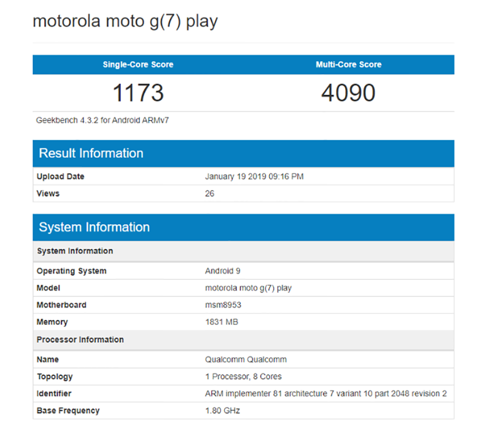 Moto G7 Play lộ cấu hình trên Geekbench