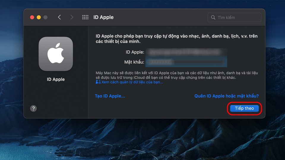 Nhập ID Apple và mật khẩu tài khoản iCloud của bạn và nhấn “Tiếp theo”