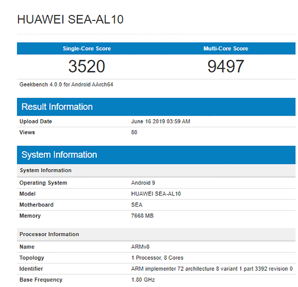 Cấu hình Huawei Nova 5 Pro trên Geekbench