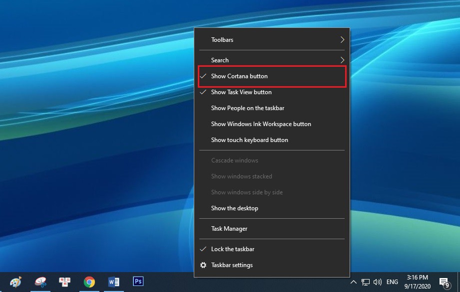 Cách ẩn Cortana trên Taskbar Windows 10